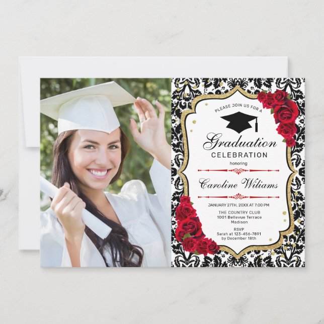 Invitación Fiesta de graduación con foto - Negro rojo dorado (Anverso)