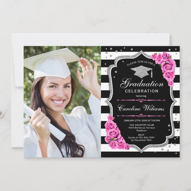 Invitación Fiesta de graduación con foto - Negro rosado de pl (Anverso)