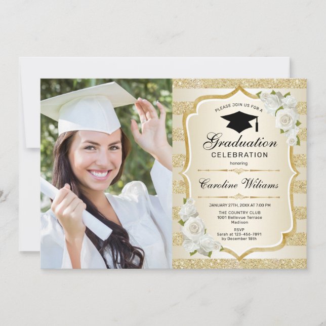 Invitación Fiesta de graduación con foto - Oro (Anverso)