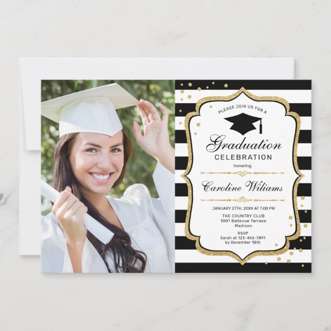 Invitación Fiesta de graduación con foto - Oro blanco negro (Anverso)