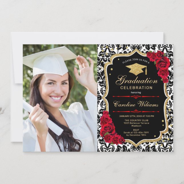 Invitación Fiesta de graduación con foto - Oro Rojo Negro (Anverso)