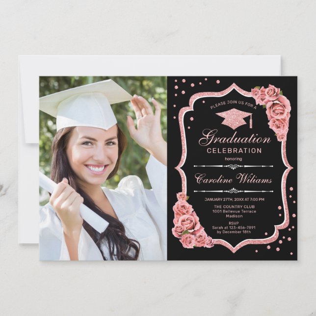Invitación Fiesta de graduación con foto - Oro Rosa negro (Anverso)