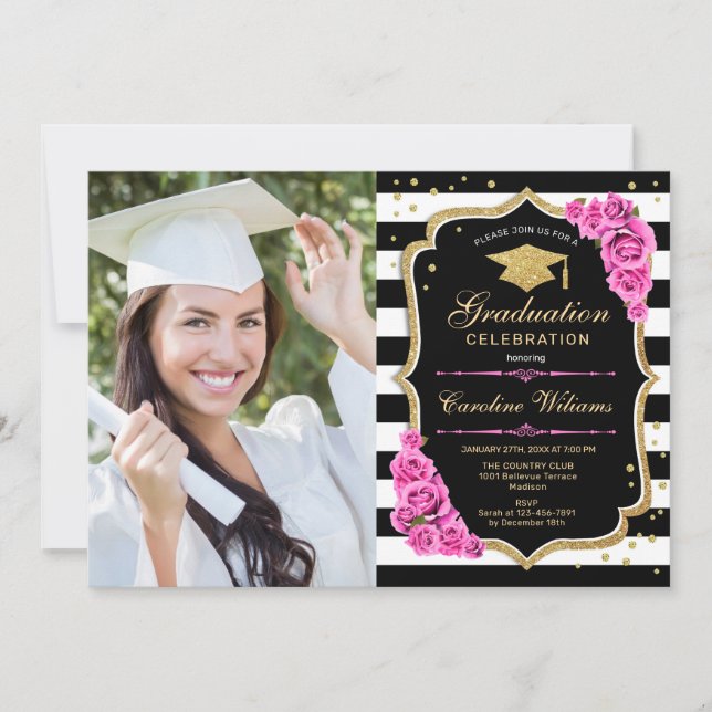 Invitación Fiesta de graduación con foto - Oro rosado negro (Anverso)