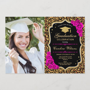 Invitación Fiesta de graduación con foto - Pink Leopard Print
