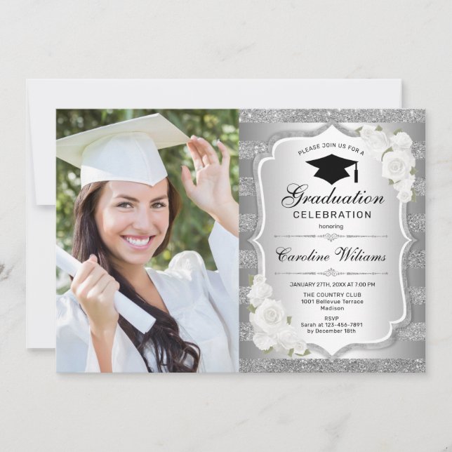 Invitación Fiesta de graduación con foto - plata (Anverso)