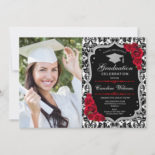 Invitación Fiesta de graduación con foto - Plata roja negra (Anverso)