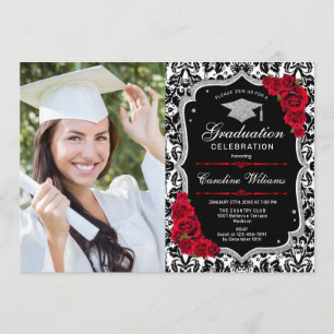 Invitación Fiesta de graduación con foto - Plata roja negra