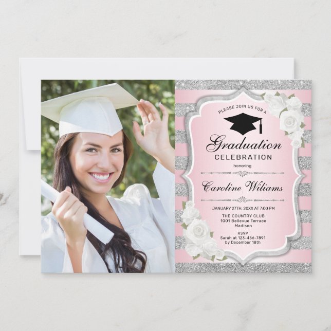 Invitación Fiesta de graduación con foto - Plata Rosa (Anverso)