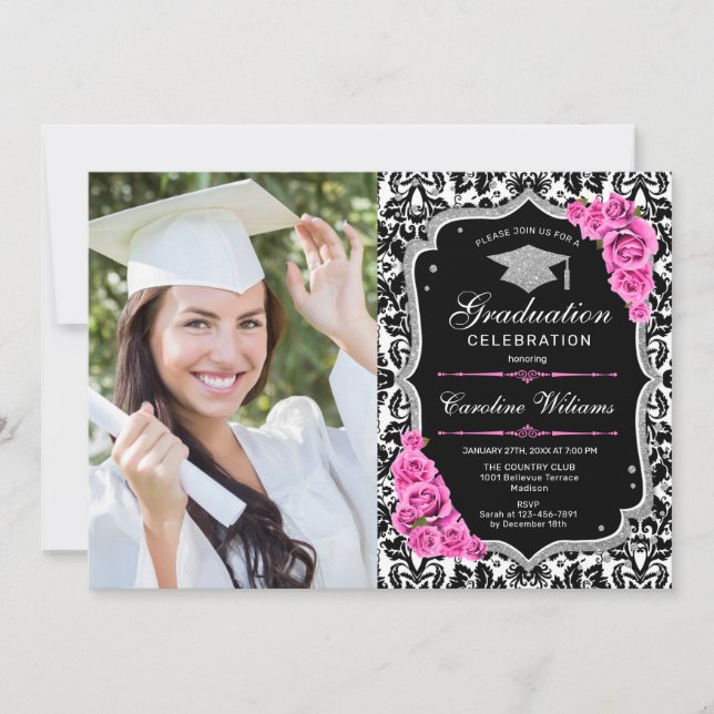 Invitación Fiesta de graduación con foto - Plata Rosa Negra (Anverso)