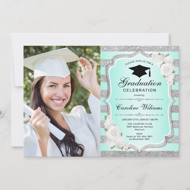 Invitación Fiesta de graduación con foto - Plata verde (Anverso)