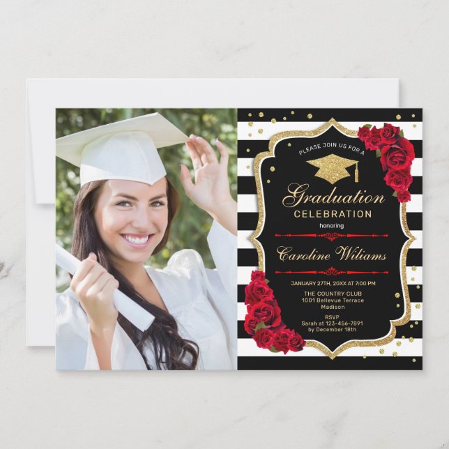 Invitación Fiesta de graduación con foto - Red Gold Black (Anverso)