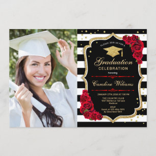 Invitación Fiesta de graduación con foto - Red Gold Black
