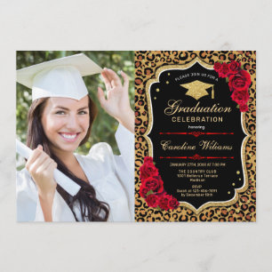 Invitación Fiesta de graduación con foto - Red Leopard Print