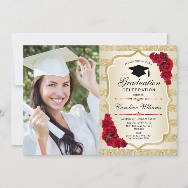 Invitación Fiesta de graduación con foto - Rojo dorado (Anverso)