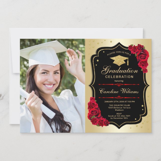 Invitación Fiesta de graduación con foto - Rojo dorado (Anverso)