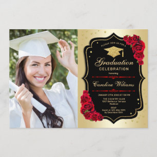 Invitación Fiesta de graduación con foto - Rojo dorado