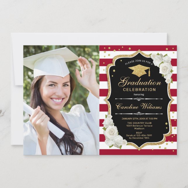 Invitación Fiesta de graduación con foto - Rojo dorado (Anverso)