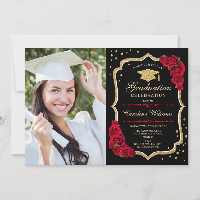 Invitación Fiesta de graduación con foto - Rojo dorado (Anverso)