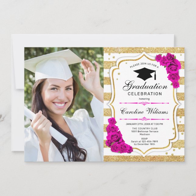 Invitación Fiesta de graduación con foto - Rosa blanco dorado (Anverso)