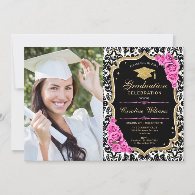 Invitación Fiesta de graduación con foto - Rosa negro dorado (Anverso)