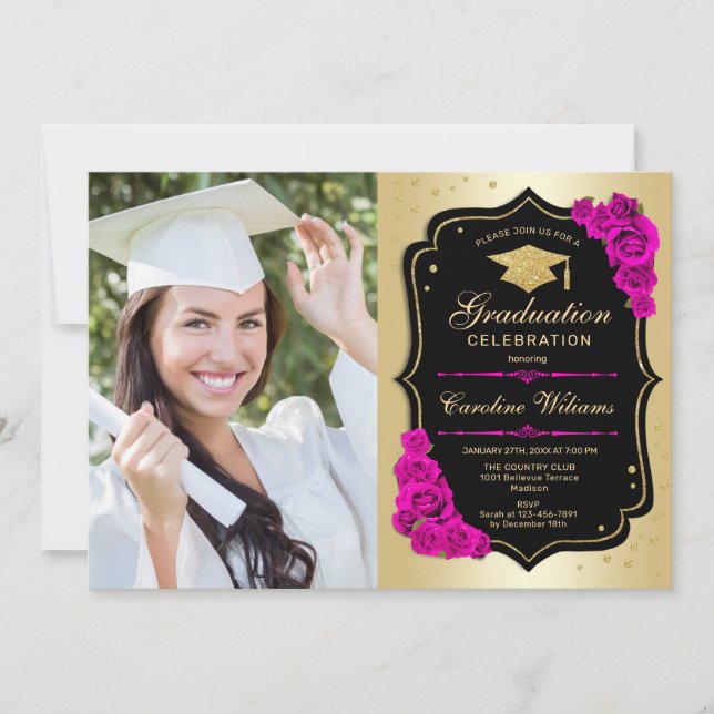 Invitación Fiesta de graduación con foto - Rosa negro dorado  (Anverso)