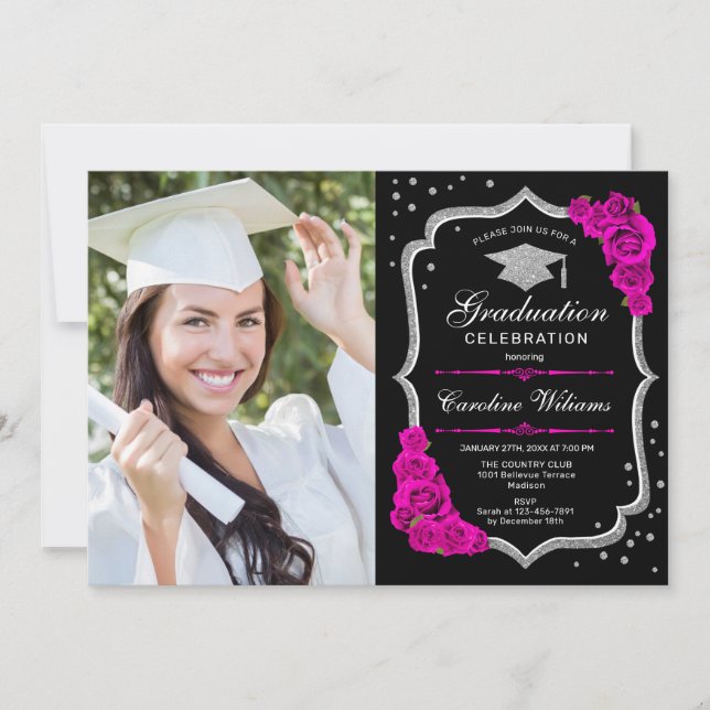 Invitación Fiesta de graduación con foto - Rosa Plata Negro (Anverso)