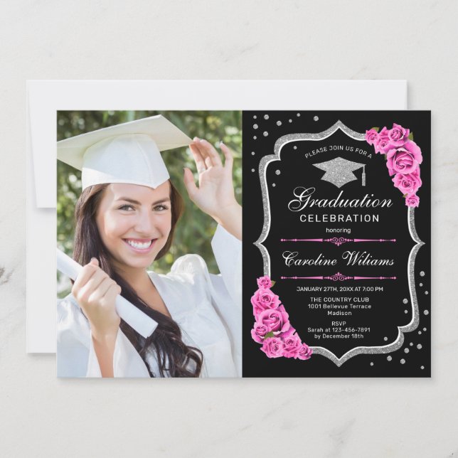 Invitación Fiesta de graduación con foto - Rosa Plata Negro (Anverso)