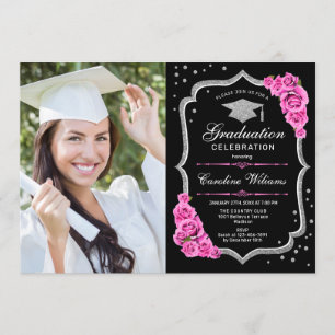Invitación Fiesta de graduación con foto - Rosa Plata Negro