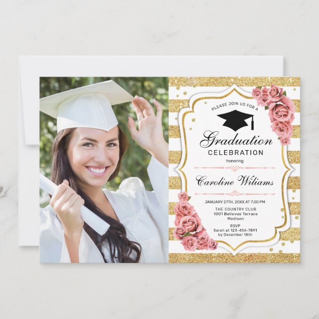 Invitación Fiesta de graduación con foto - Rosa Rubor dorado (Anverso)
