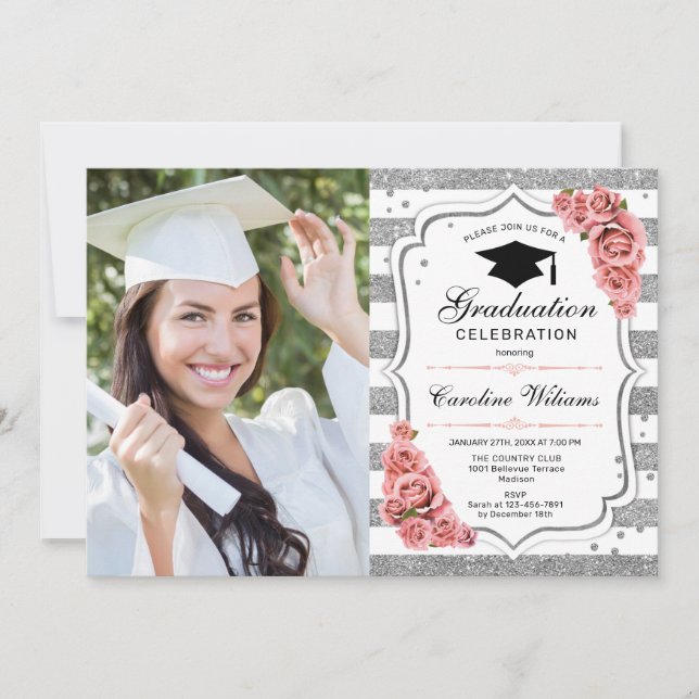 Invitación Fiesta de graduación con foto - Rosa Rubor platead (Anverso)