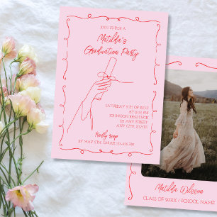 Invitación Fiesta de Graduación con Foto Rosa y Rojo Dibujado