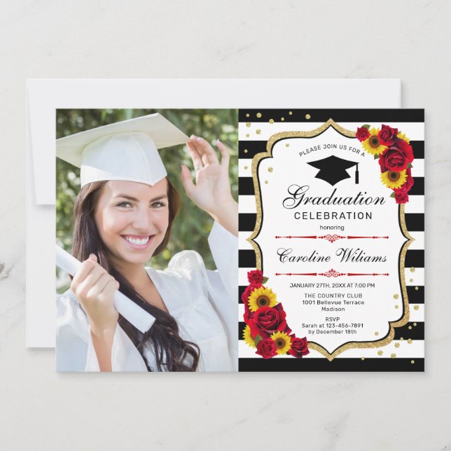 Invitación Fiesta de graduación con foto - Rosas Sunflowers (Anverso)