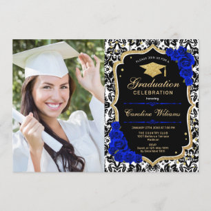 Invitación Fiesta de graduación con foto - Royal Blue Gold