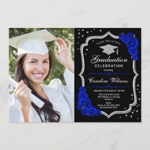 Invitación Fiesta de graduación con foto - Royal Blue Silver