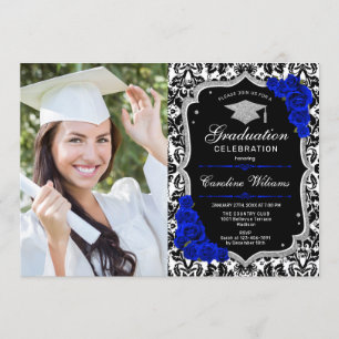 Invitación Fiesta de graduación con foto - Royal Blue Silver