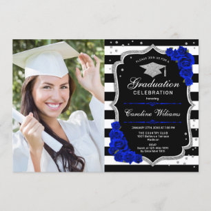 Invitación Fiesta de graduación con foto - Royal Blue Silver