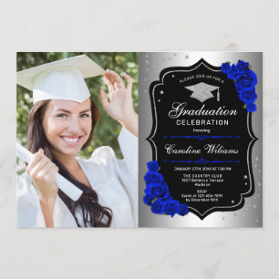 Invitación Fiesta de graduación con foto - Silver Royal Blue