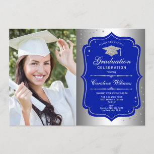 Invitación Fiesta de graduación con foto - Silver Royal Blue
