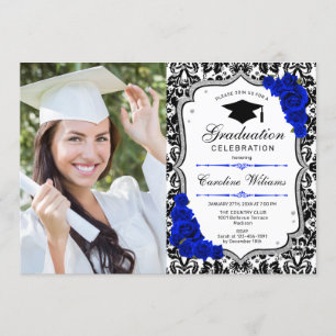Invitación Fiesta de graduación con foto - Silver Royal Blue