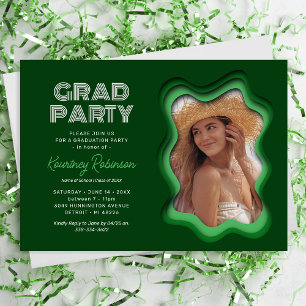 Invitación Fiesta de Graduación con Foto Verde de Ola Retro