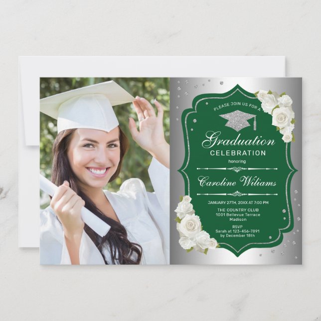 Invitación Fiesta de graduación con foto - verde plateado (Anverso)