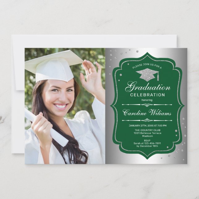 Invitación Fiesta de Graduación con Foto - Verde Plateado (Anverso)