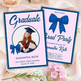 Invitación Fiesta de Graduación con Foto y Lazo de Gingham Az