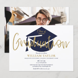Invitación Fiesta de Graduación con Foto y Letra en Azul Mari