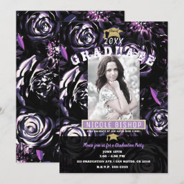 Invitación Fiesta de Graduación con Fotos con Glam Floral Neg