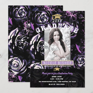 Invitación Fiesta de Graduación con Fotos con Glam Floral Neg