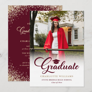 Invitación Fiesta de Graduación con Fotos de Burgundy y Oro E
