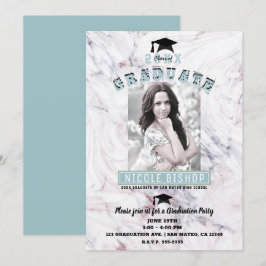 Invitación Fiesta de Graduación con Fotos de Mármol Rosa, Azu