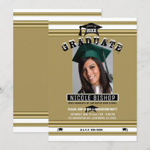 Invitación Fiesta de Graduación con Fotos Elegante de Oro y B