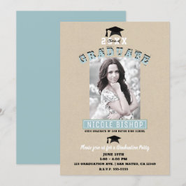 Invitación Fiesta de Graduación con Fotos en Azul Kraft Minim